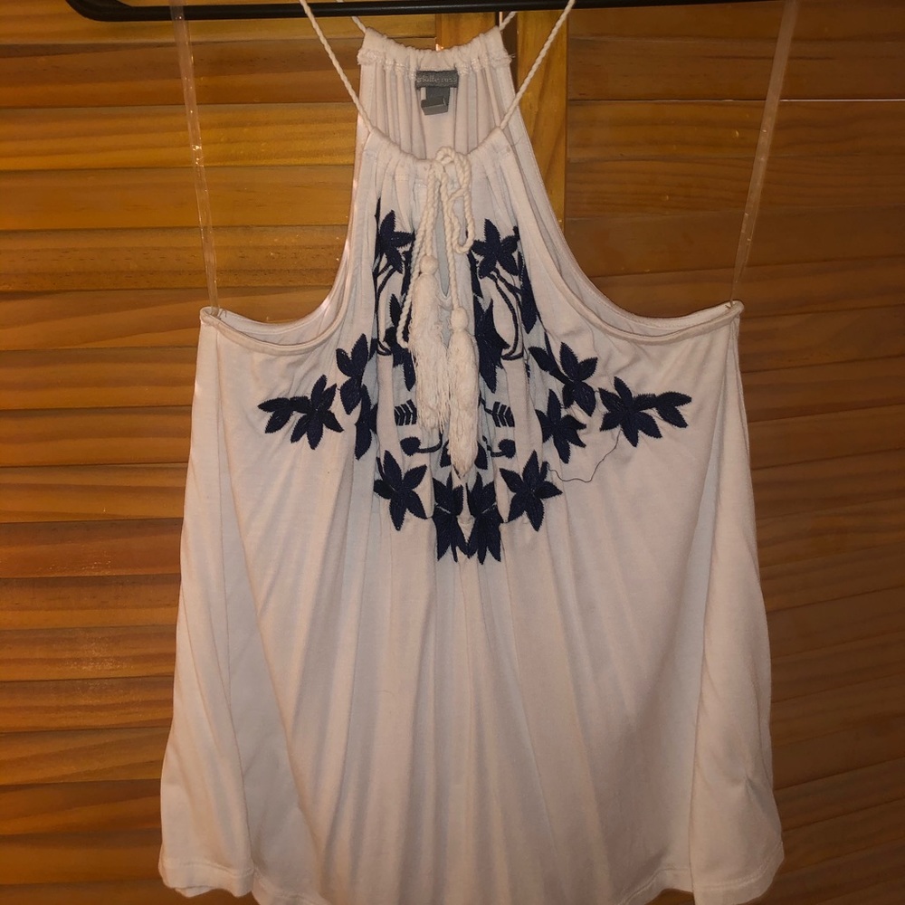 White crop top, blue design